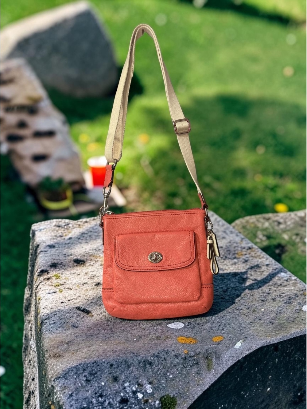 Coach Park Pebbled Leather Swingpack F49170 Coral Pink Crossbody Turnlock